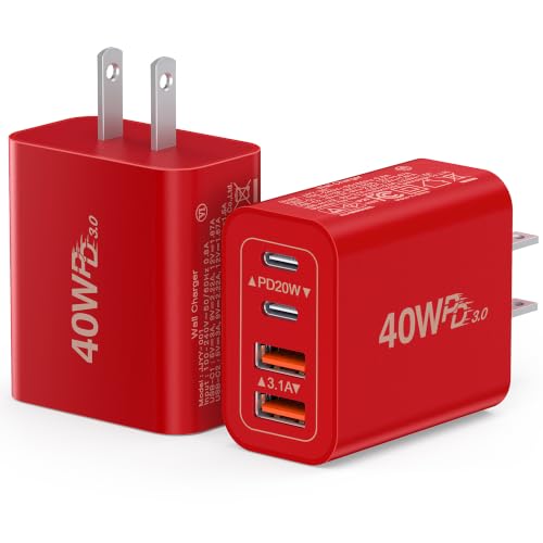 Image of [2Pack] 40W USB C Wall Charger, Super Fast Charging Block PD+QC 4 Port Charger Cube for iPhone 17 /16,iPad Pro /Mini /Air, iPod Nano, iPod Touch, Switch, Smart Phone, Smartwatches and Tablet(Red)