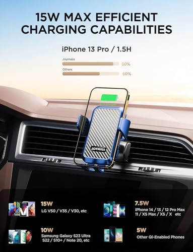 Image of Wireless Car Charger, JOYMASS 15W Fast Charging Auto Clamping Car Charger Cell Phone Holder Mount Vent for iPhone 15 14 13 12 Mini Pro Max, Samsung Galaxy S24 Ultra S23 S22 S21+ Note 20, etc - Blue