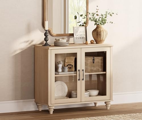 WAMPAT Buffet Cabinet with Glass Doors, Coffee Bar Table Wood