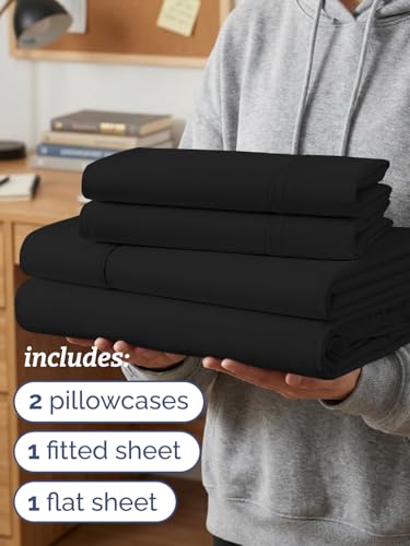 Image of Twin XL 4 Piece Sheet Set - College Dorm Room Essentials - Black | Ultra Soft Dorm Bedding Set, 8 inch to 16 inch Inch Deep Pockets, 1 Flat & 1 Fitted Sheet & 2 Pillowcases, Wrinkle & Fade Free