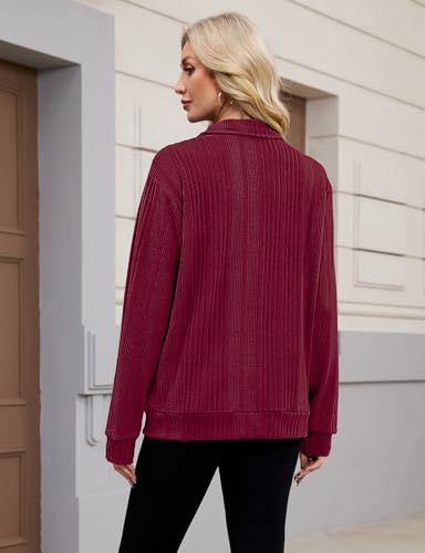 Zip Up Cardigans for Womens Ladies Lightweight Sweatshirts Long Sleeve Jumpers for Women Knitted Ribbed Tunic Blouses Womens Spring Autumn Winter Jackets Work Clothes Wine