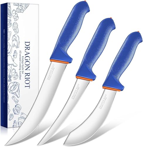 DRAGON RIOT 3 Pcs Butcher Knife Set, Stainless Steel Professional Kitchen Chef Knife with Non-Slip Blue Handle, Heavy Duty Meat Cutting & Trimming Knife Gift for Kitchen Men