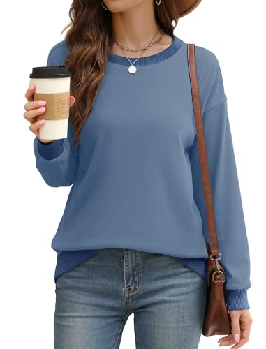 Image of Saloogoe Sweatshirts for Women Crewneck Long Sleeve Loose Fit Tops Color Block Ribbed Trim Fashion 2025