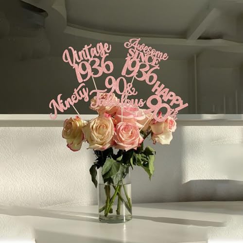 Image of 15 PCS 90th Birthday Centerpiece Sticks Double Sided Ninety Happy 90th Vintage 1936 Table Flower Centerpieces Sticks Cheers to 90 Fabulous Floral Decorations for 90th Birthday Party Supplies Rose Gold