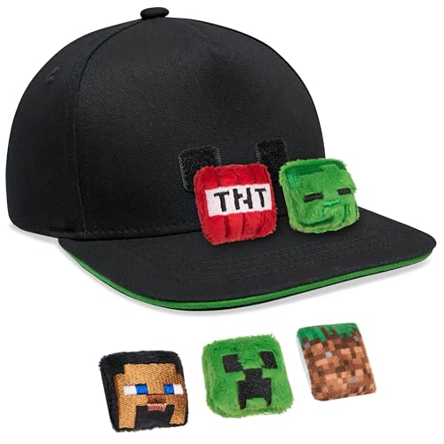 Minecraft Boys Baseball Cap with Removable Plush Accessory - Gamer Gifts (Black)