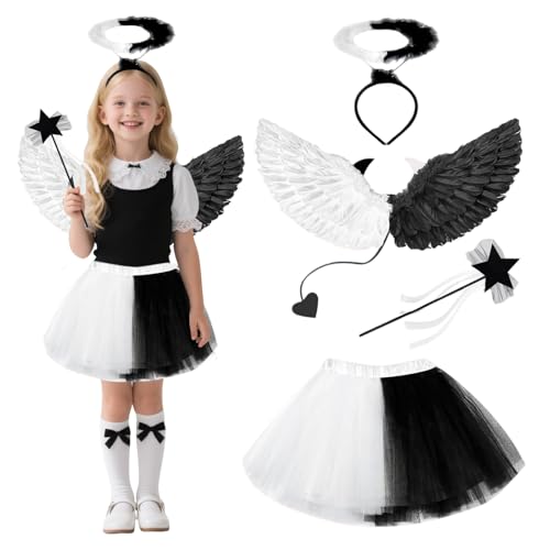 SPERMUOY Costume d'ange pour enfant fille - Noir et blanc - Avec ailes d'ange - Serre-tête et jupe d'ange - Costume d'ange - Pour Halloween et carnaval,...