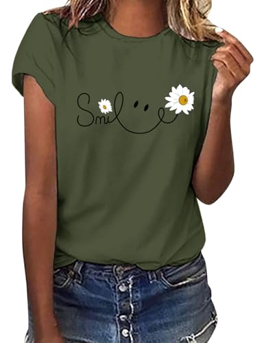 heekpek Femme T Shirt Blanc Chic T Shirts Col Rond Haut Manches Courtes Ete T Shirt Coton Tee Shirt Imprimé pour Femmes Files, Vert Militaire, L