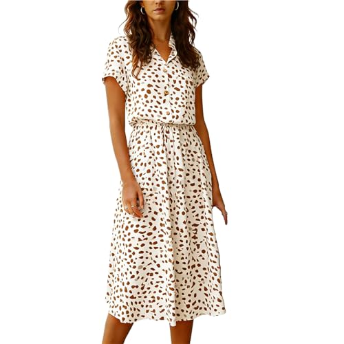 Image of Women's Summer Dresses Short Sleeve V-Neck Chiffon Midi Shirt Dress Buttons Polka Dots Drawstring Waist Elegant A Line Dresses Going Out Loose Casual Beach Party Holiday Dress White