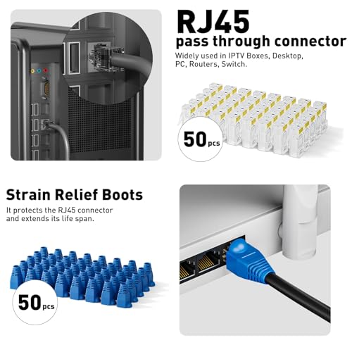 Image of Ethernet Crimping Tool Kit RJ45 Crimp Tools,CAT5 Cat5e Cat6 RJ45 Crimping Tool Kit With Cable Tester, Multiply Stripper, Blades,50Pcs Cat 6 Pass Through Connectors and Strain Relief Boots