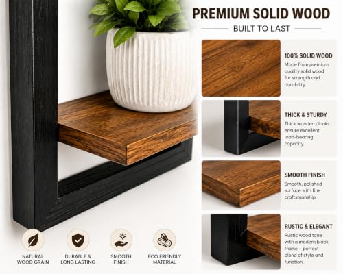 Image of Wooden Wall Shelves for Living Room & Bedroom Wall Decor - Set of 2 Floating Wall Mounted Shelf, 15x10 Inch Black Frame with Wood Shelf, Wall Shelves for Home Decor