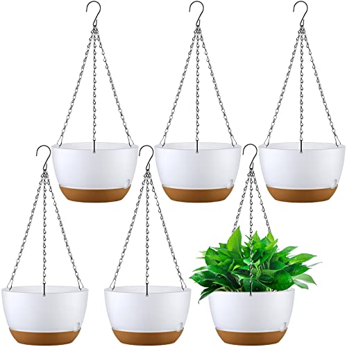 6 Pcs 10 Inch Christmas Hanging Planter Hanging Plant Pot Plastic Round Hanging Baskets for Plants Indoor Flower Pot with Drainage Holes Removable Trays for Garden Home Patio(White)