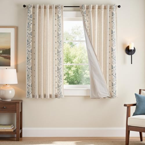 Image of jinchan Blue Floral Linen Curtains for Living Room 63 inch Back Tab 2 Panels