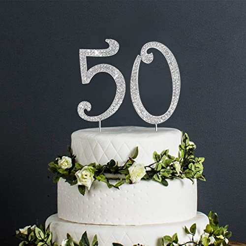 Number Cake Topper 50, Uniideco Silver Rhinestone Premium Metal Bling Bling Cake Decor, Sparkly Happy Birthday Wedding Anniversary Party Decoration Centerpiece #TOP1