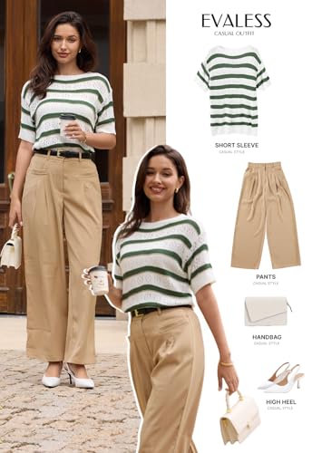 Image of EVALESS Womens Short Sleeve Sweater Casual Crewneck Knit Shirt Tops Spring Trendy Striped Color Block Crochet Sweaters