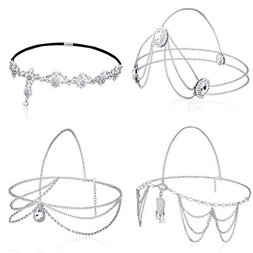 Jstyle 4Pcs Head Chain Jewelry for Women Rhinestones Crysatal Drop Pendant Headpiece Bridal Bohemian Halloween Hair Accessories Silver Tone
