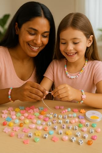 Image of ambitieux DIY Bracelet Making Kit for Girls - 500+ Glossy Beads in Mix Shapes with Candy, Pastel, Alphabet, and Butterfly Beads + Elastic Thread - Jewellery Craft Kit for Kids Age 6-12