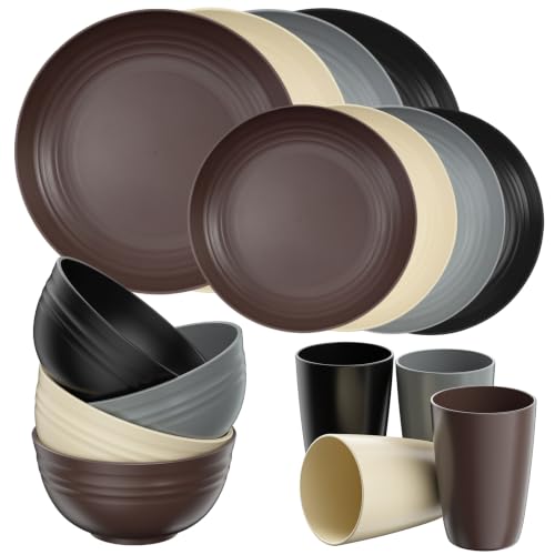 Image of Quatish 16 Piece Plates and Bowls Sets for 4, Unbreakable Dinnerware Sets, Plastic Dish Set for Camping, Dishwasher Microwave Safe, Outdoor Kitchen and Apartment Dorm Dinning RV Essentials, Brown
