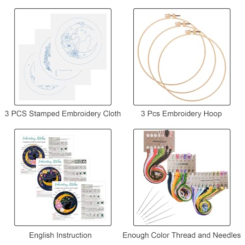 Image of Louise Maelys 3 Sets Cat Moon Embroidery Kits for Beginners with Floral Pattern, Cross Stitch Kit for Adults, DIY Needlepoint for Starter