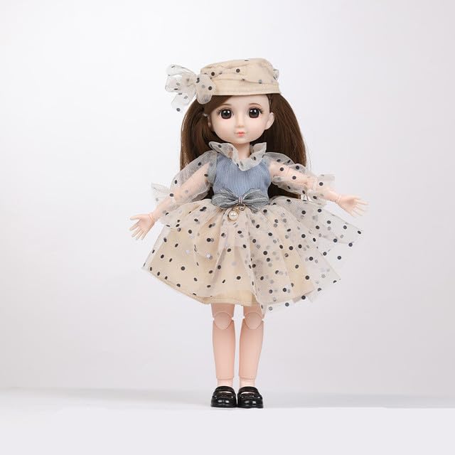 Image of Tickles Movable Joints Cute Beautiful 3D Eyes Fashionable Frock Dots Printed Dress Doll for Kids Girls Birthday Gifts (Color: Off - White; Size: 30 cm)