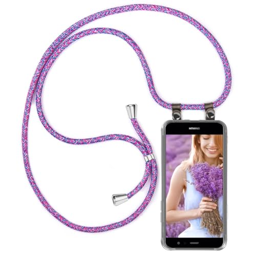 moex Handykette für Huawei P10 Lite Hülle mit Band abnehmbar, Handyhülle mit Kette zum Umhängen, Handyband 155 cm lang Stoff Kordel Umhängehülle, Handy Umhängeband, Lila Pink