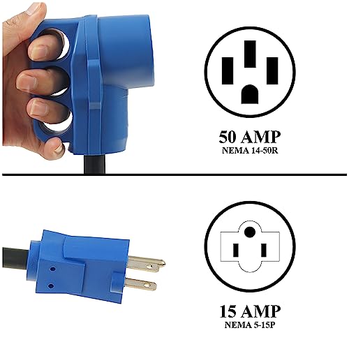 50 Amp Rv To 15 Amp 110V Adapter Power Cord Nema 5-15P 15 Amp Male Plug To 14-50R 50 Amp Female Receptacle For Plugging 50 Amp Rv Into House’s 120-Volt Electrical Outlet,Rated For 15A/125V,12-Inch #TOP1