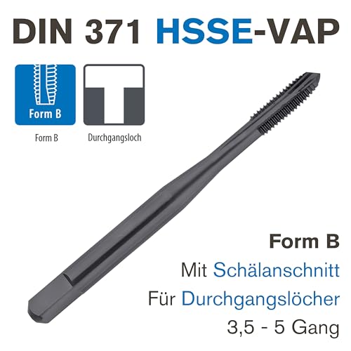 GSR PROFI Maschinen-Gewindebohrer M5, Gewindeschneider für Edelstähle DIN 371, HSSE-VAP Metallbohrer, Durchgangsloch Kernlochbohrer, Form B, verstärkter Schaft für metrische Gewinde