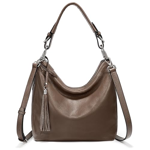 Image of YALUXE Women's Genuine Leather Hobo Handbags Purses Shoulder Bags Cross-body Bags with Double Zippered Pockets