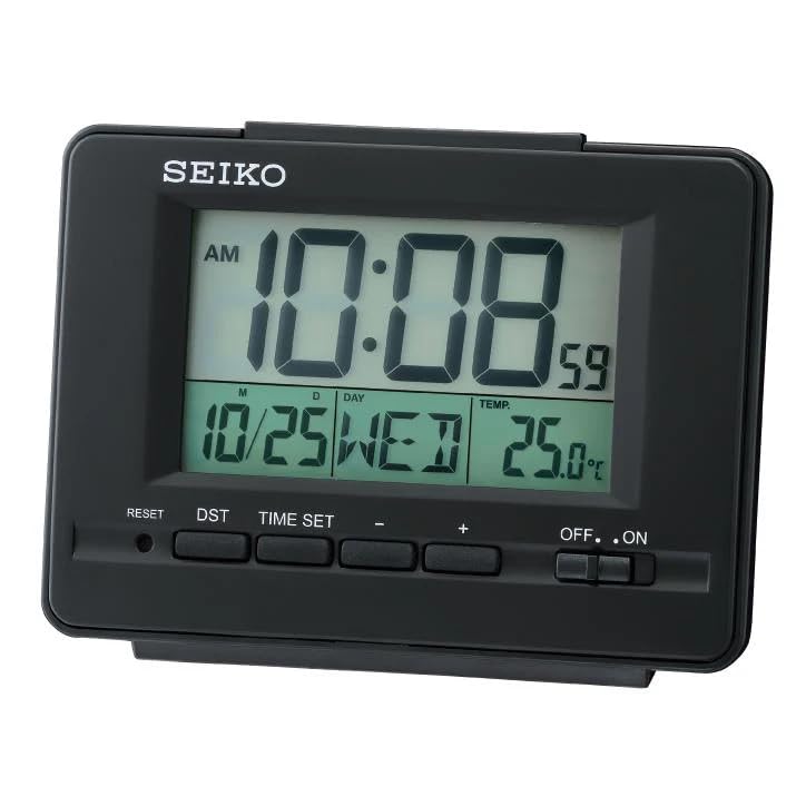 Image of Seiko Elegant Rectangular Black Plastic Beep Alarm Digital Table Clock with Calendar, Thermometer, DST, Snooze (Size: 12.2 x 4.5 x 9.2 CM | Weight: 110 Gram)