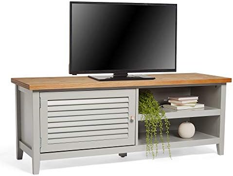 VonHaus Grey TV Unit  TV Cabinet w/Ash Wood Top - For TV's up to 50" - Large TV Entertainment Unit w/Cupboard & 2 Open Storage Shelves - Max 60kg Capacity - Modern Country Style - For Living Room