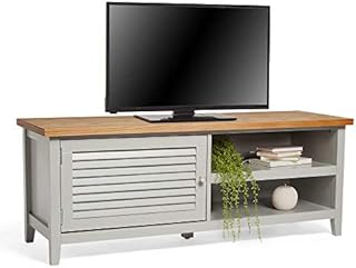 VonHaus Grey TV Unit  TV Cabinet w/Ash Wood Top - For TV's up to 50" - Large TV Entertainment Unit w/Cupboard & 2 Open Storage Shelves - Max 60kg Capacity - Modern Country Style - For Living Room