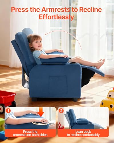 Image of VEVOR Kids Recliner Chair, Toddler Lounger with Cup Holders & Pockets, 107 to 126 Adjustable Back, Breathable Polyester Upholstery Reclining Sofa with Foot-Rest, for Boys and Girls, Children (Blue)