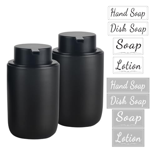 Image of BosilunLife Foaming Soap Dispenser Set - Black Ceramic Foam Hand Dispenser 12oz Soap Dispenser Set with Rust Proof Pump, 4Pcs Clear Stickers for Kitchen, Bathroom - 2 Pack