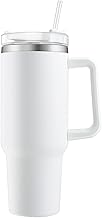 Stainless Steel Vacuum Insulated Travel Mug, Thermal 40oz Water Bottle with Handle and Straw, Leak Proof Curry White