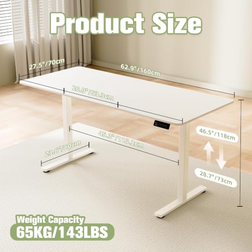 Image of ERGOMAKER 63 inch Electric Standing Desk, Adjustable Height, Sit Stand Up Desk for Home Office & Computer Workstations, Memory Controller, White
