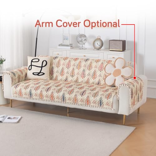 Image of HOKIPO Royal Kalamkari Quilted Sofa Cover 5 Seater with Tassels - (3+2) for Seat & Back | 'Tassel Twigs' Series (IN-991-T2 + IN-990-T2)