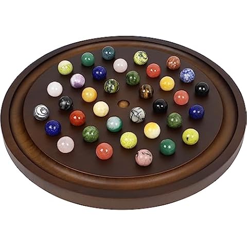 Medikaison Large Solitaire Game Handmade Solid Wooden Marble Board Game Set with 36 Natural Marble Marbles Classic Thick Round Board Games for Adults Game Night (Walnut, Medium) Cover