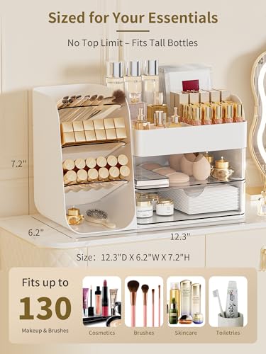 Image of Booklov Makeup Organizer for Vanity, Countertop Cosmetic Display Case with Clear Acrylic Drawers, Bathroom Counter Beauty Caddy, Cute Table Storage Holder for Skincare, Brush Lipsticks, Crystal White