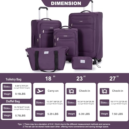 5-piece Luggage Set (18/23/27/travel Bag/cosmetic Bag), Soft-shell Luggage, Universal Wheels, Polyester Luggage Set, Luggage, Suitcase, Lightweight and Durable Luggage, Purple2