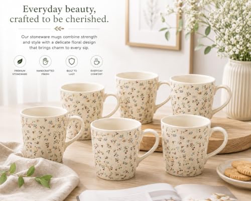 Image of miah decor Ceramic Tea Cups Set of 6-320ml, Decal Handmade Stoneware