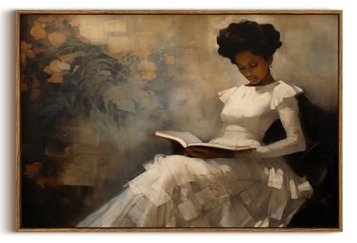 Image of KISSFOX Vintage Framed Wall Art Decor Victorian African American Pictures Paintings Wall Decor Moody Black Girl Reading A Book Canvas Art Prints Modern Farmhouse Black Woman Artwork For Kitchen