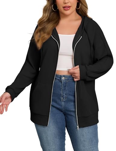 FOREYOND Plus Size Lightweight Jacket for Women Long Sleeve Zip Up Waffle Hoodie Casual Hooded Sweatshirt with Pockets Black