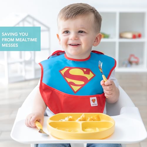 Bumkins DC Comics Superman SuperBib, Baby Bib, With Cape, Waterproof, Washable, Stain and Odor Resistant, 6-24 Months (Pack of 1)