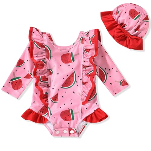 Image of HINTINA Baby Girl One Piece Long Sleeve Ruffle Swimsuit with Hat