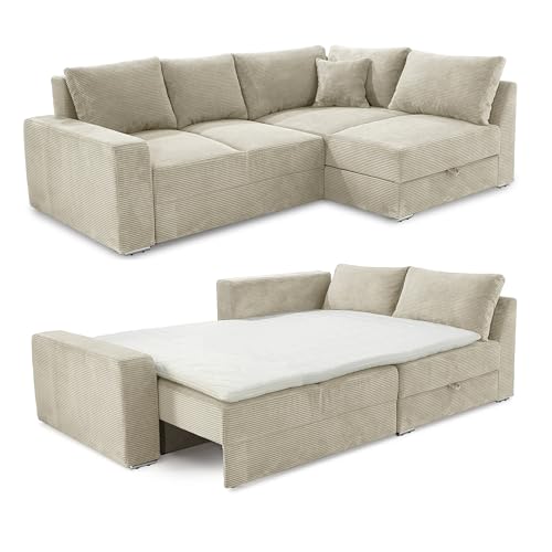 Ecksofa-Dauerschläfer B260/T181/H88 cm Federkern Boxspring-System, inkl. Schlaffunktion Bettkasten, Kaltschaum-Topper, Ottomane links oder rechts montierbar, Bezug Cord in Beige Grau / 15235 Ecksofa-Dauerschläfer B260/T181/H88 cm Federkern Boxspring-System, inkl. Schlaffunktion Bettkasten, Kaltschaum-Topper, Ottomane links oder rechts montierbar, Bezug Cord in Beige Grau / 15235