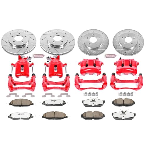 Image of PowerStop Front and Rear Brake & Caliper Kit for Ford Mustang 2005-10 - Drilled & Slotted Disc Rotors + Carbon-Fiber Ceramic Brake Pads + Red-Powder Coated Calipers, KC1383-26