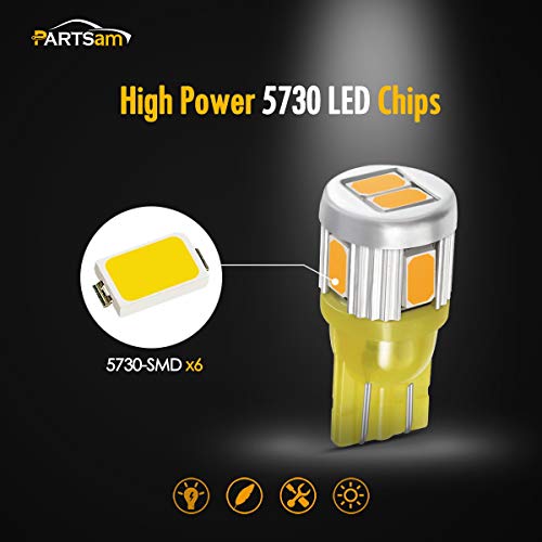 Partsam 2X T10 W5W 194 2825 Amber LED Light Bulbs 6-5730-SMD Car Truck Parking LED Parking Light Bulbs Side Door Courtesy Light Stepwell Light - Thumbnail 2