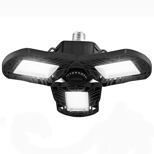 YKOPEO Garage Lights Ceiling LED, Deformable Garage Light 60W with 3 Adjustable Panels LED Bulb E26, 7000LM Super Bright Commercial Bay Lighting for Shop Warehouse Basement (No Motion Detector)