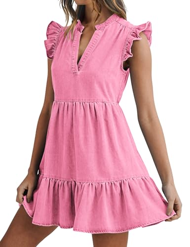Image of POTILI Denim Dress for Women Mini Jean Dress with Pockets | Ruffle Sleeve, V-neck, Two Side Pockets