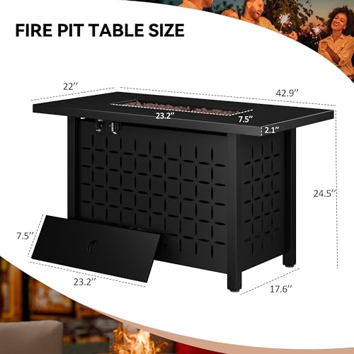 Vongrasig 43" Gas Fire Pit for Outside, 50,000 BTU Outdoor Propane Fire Pit Table with Lid & Lava Rock, Steel Rectangular Fire Table for Patio, Backyard, Deck, Garden, Black - Image 4