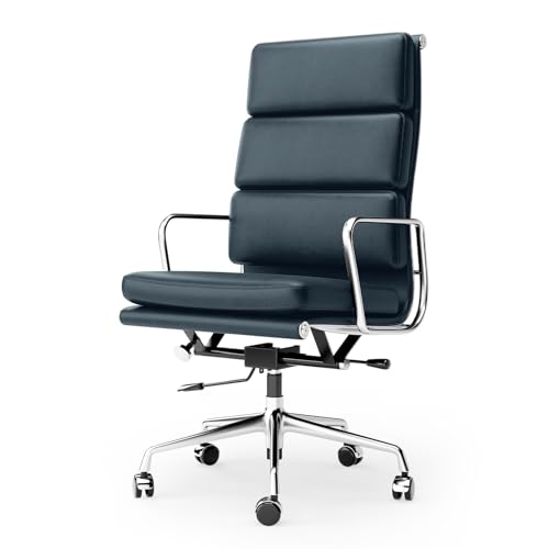 Image of Genuine Leather Office Chair, Padded Executive Desk Chair with Arms, Wheels, Lumbar Support, Aluminum Base (Dark Blue, High-Back)
